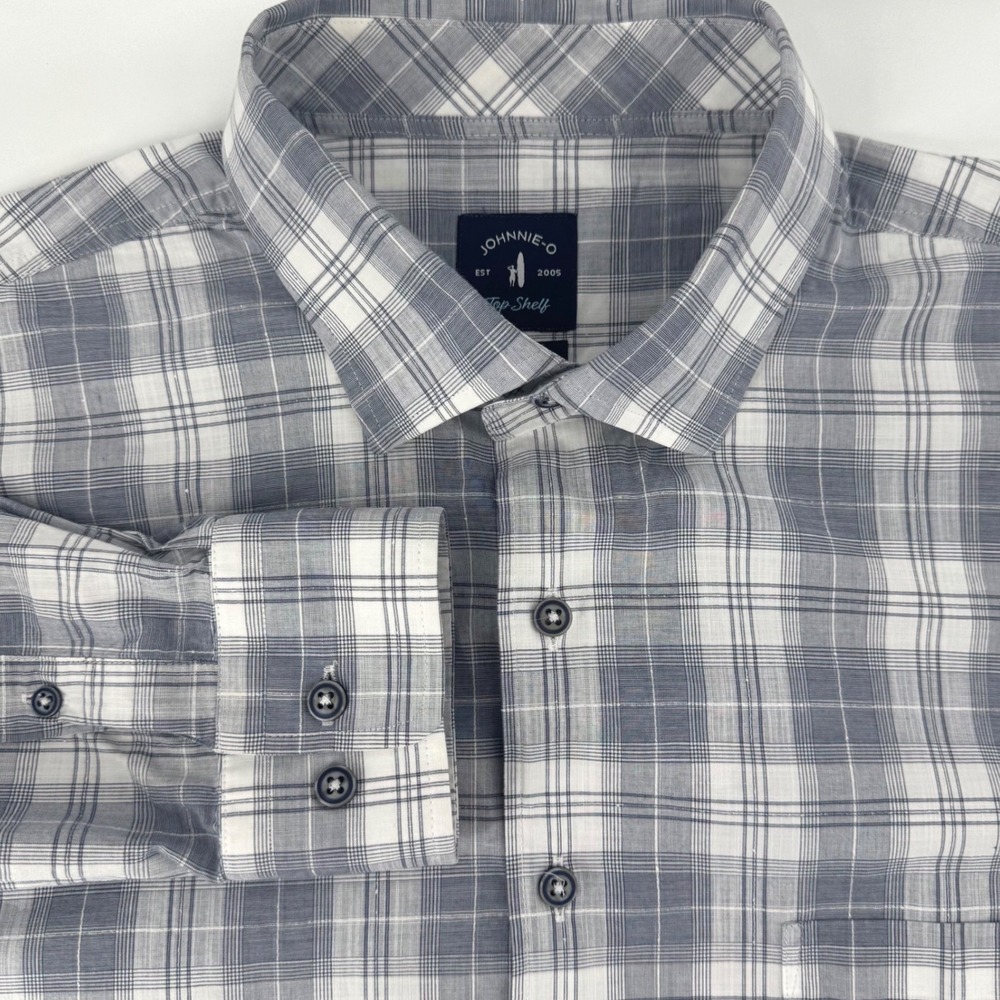 Johnnie-O Top Shelf Mens XL Blue White Plaid Button Down Shirt Long Sleeve